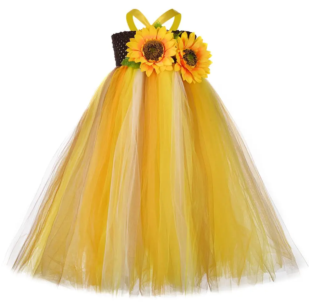 

Wholesale Hot Sell Kids Costume Yellow Sun Flower Long Puffy Cute Halloween Tutu Girl Dress