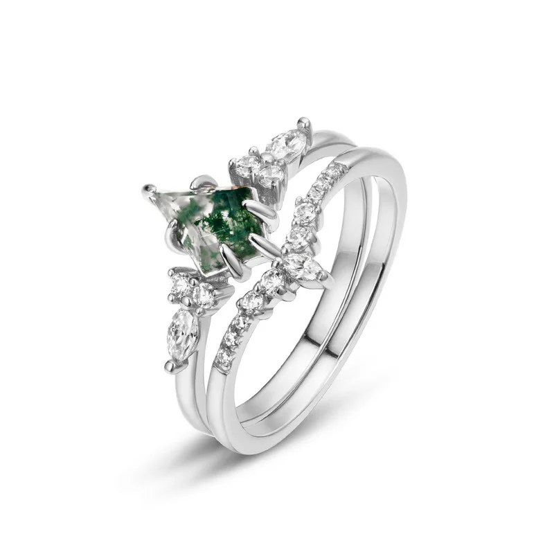 Fine Jewelry Luxury Elegance Rhombus-Shaped Gemstone Moss Agate Ring Set Sterling Silver CZ Wedding Ring Parties Anniversaries