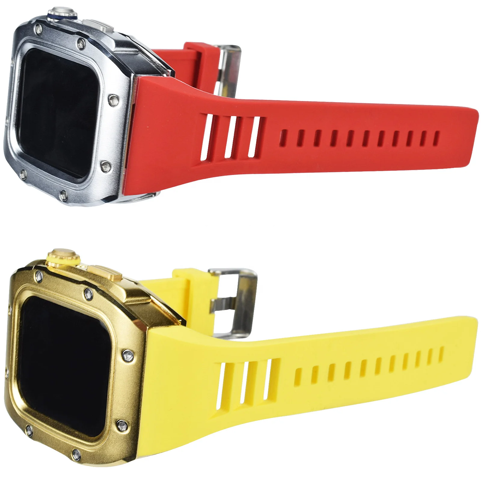 

New Arrival Silicone Band Rubber Strap Used 44mm 45mm Cover Luxury Metal Watch Case For Apple Smart Iwatch Series 6/7, Black ,white ,red ,yellow