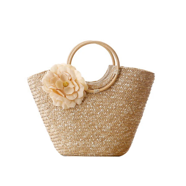 

Summer Beach Fashion Hand Hook Braided Straw Bag With Flowers Bamboo Handle