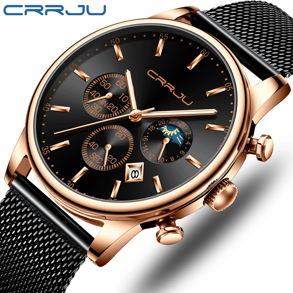 

CRRJU 2266 Trendy charm date day moon phase analog quartz stainless steel watches men wrist brand luxury