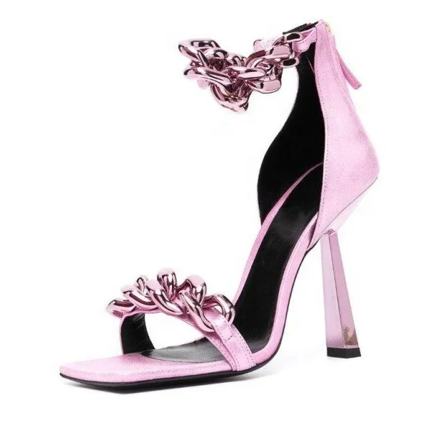 

Handmade zipper Women Summer High Heels Shoes Ankle Metal Chain Square Toe Hot Sale Summer Women Dress Sandals, Black rose pink shake skin