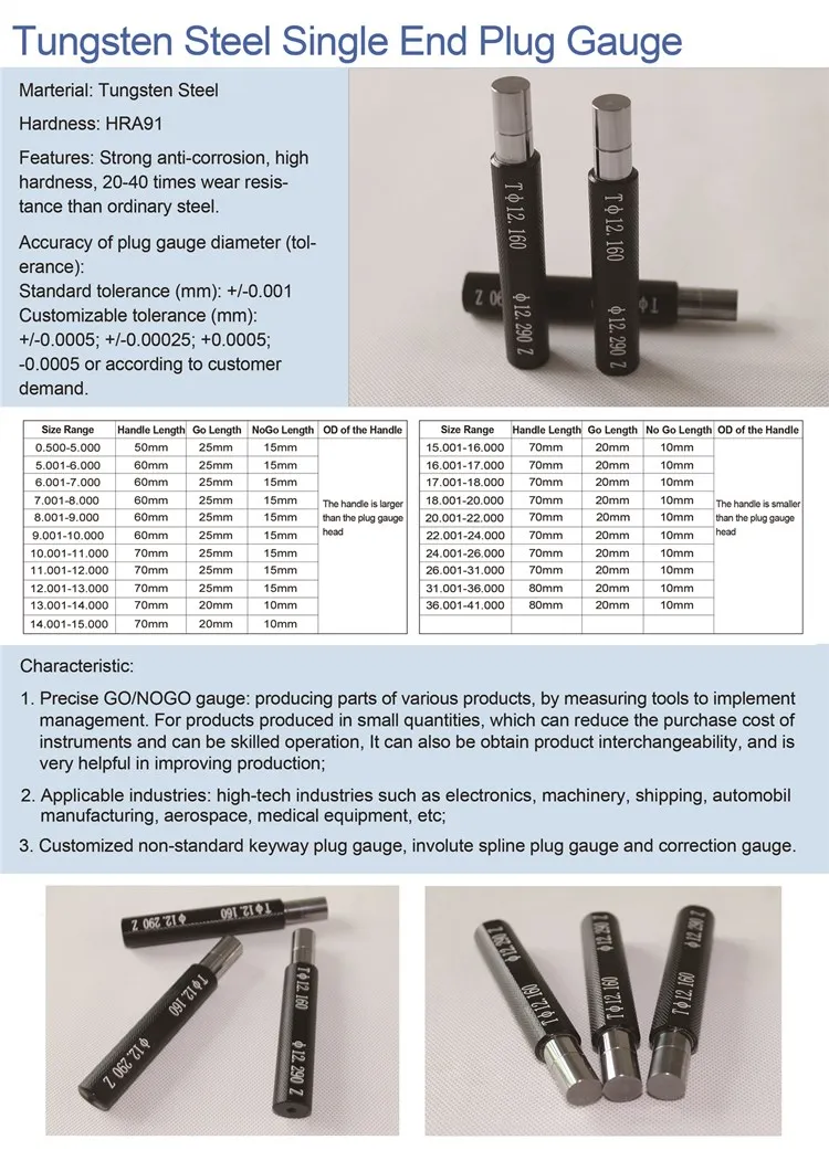 Needle Type Plain Plug Gauges Go And Nogo Smooth Plug Gauge D1.06mm