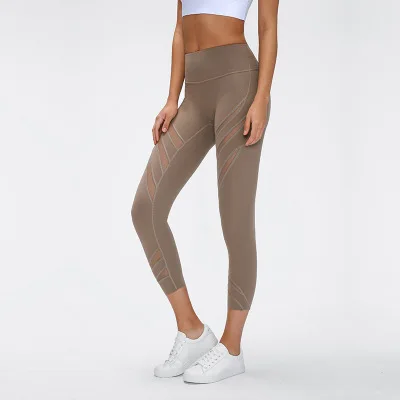

Spring Summer Women Cropped Yoga Pants High-Waisted Mesh Stripe Workout Leggings, As picture showed
