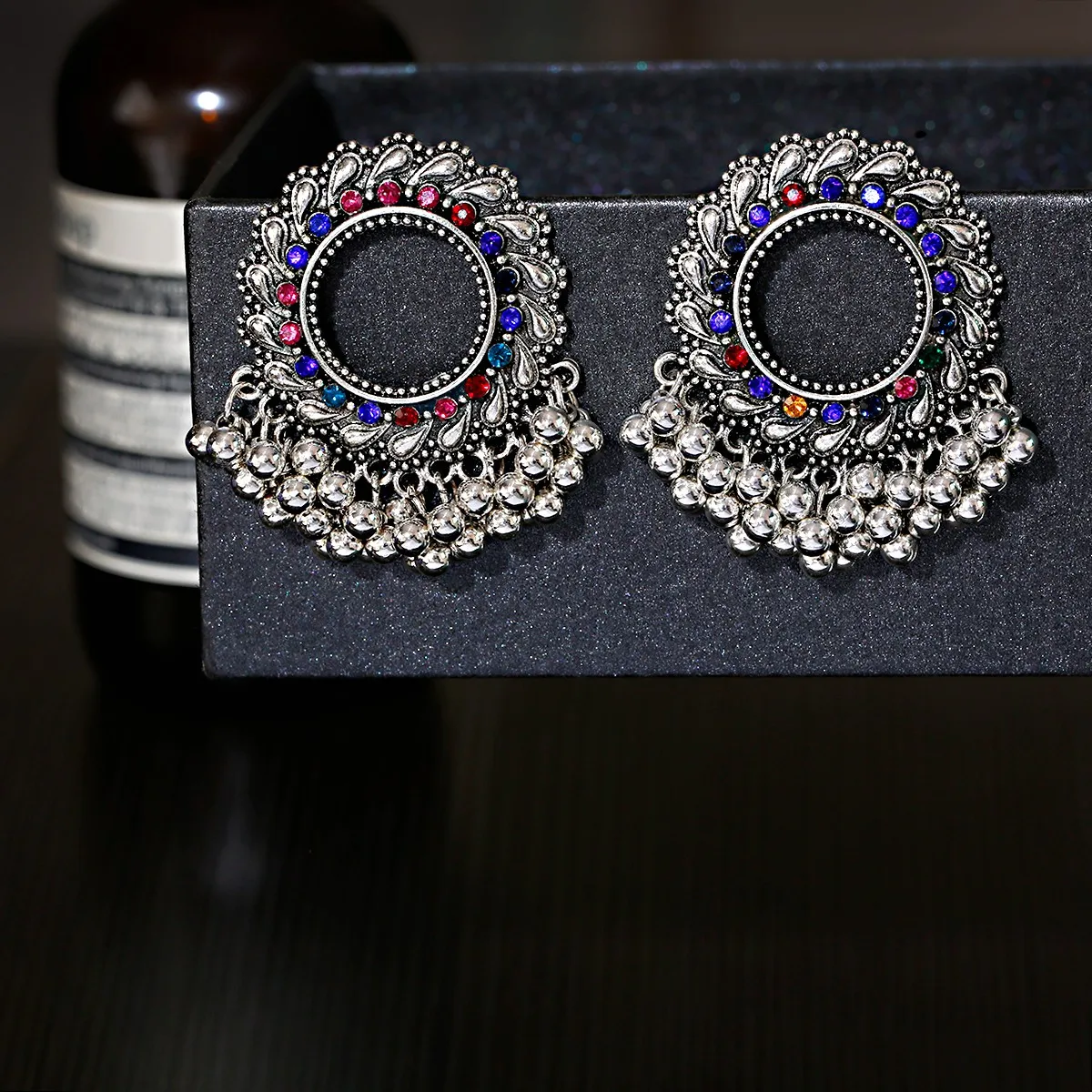 

Ethnic Women's Round Crystal Gypsy Jhumka Earrings Vintage Boho Tribe Silver Colorful Rhinestone Drop Earrings Jewelry