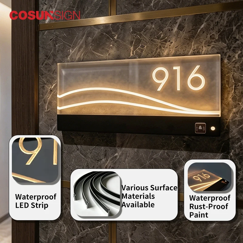 Cosun Home Address Plaque Aluminum Hotel Room Brass Stainless Steel Acrylic Custom Apartment Door Light Led House Number Plate