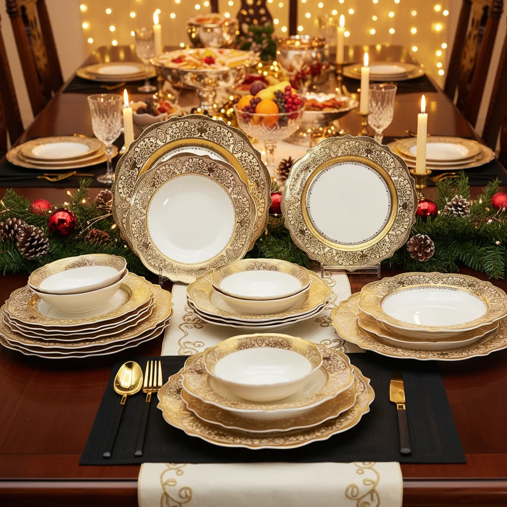 KAROSA 24 Pcs Bone China Porcelain with Germany Gold Rim Royal Luxury Dinner Dinner Dish Plate with Bowl Set Dinnerware for 6
