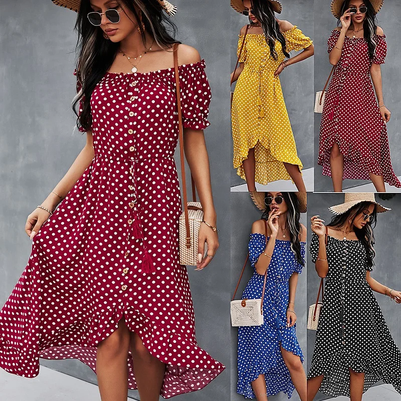 

2021 new arrivals Women's classic polka dot print dress with big one-shoulder dress