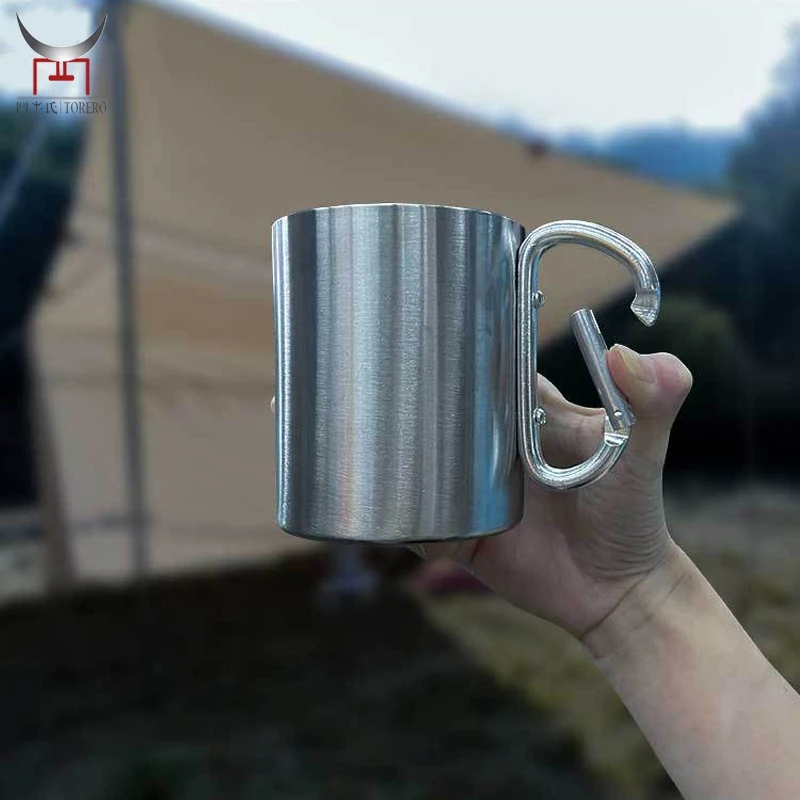 

304 Stainless Steel Metal Carabiner Climbing Cup Hiking Camping Traveling Outdoor Double Wall Mug With D-Ring Hook Handle