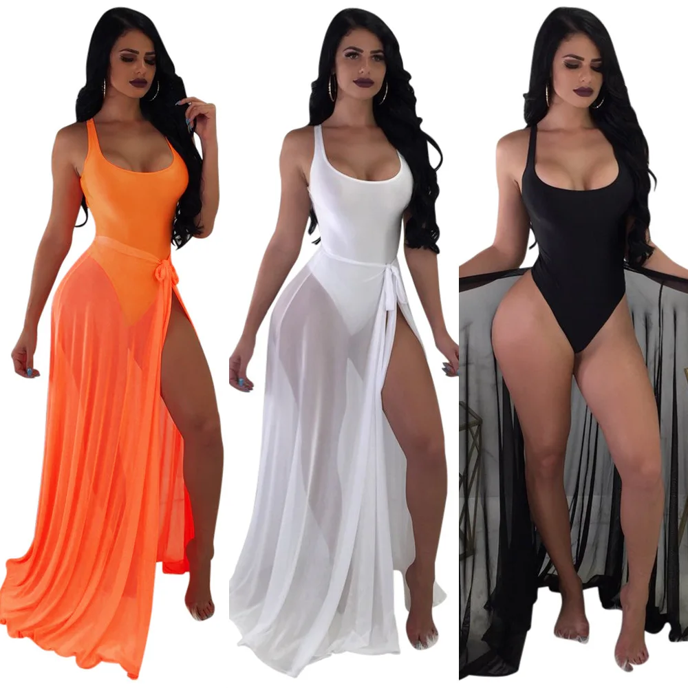 

Beachwear Swimsuit with Sheer Mesh Skirt Cover Ups Women's 2 Piece Swimwear Set