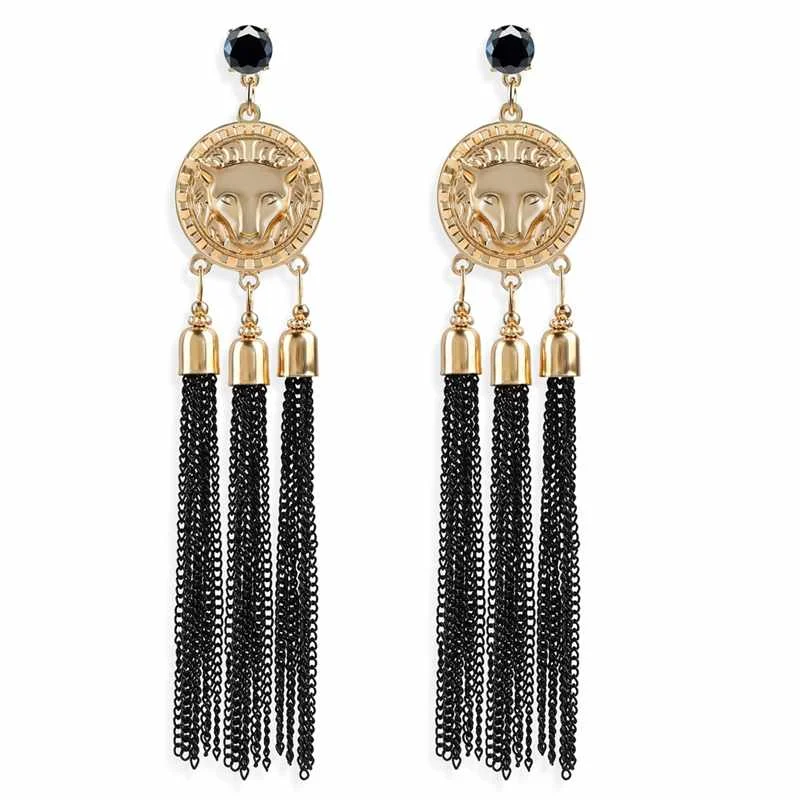 

Trendy Statement Long Chain Tassel Gold Plated Lion Head Earrings for Women Jewelry, Gold plated and silver plated