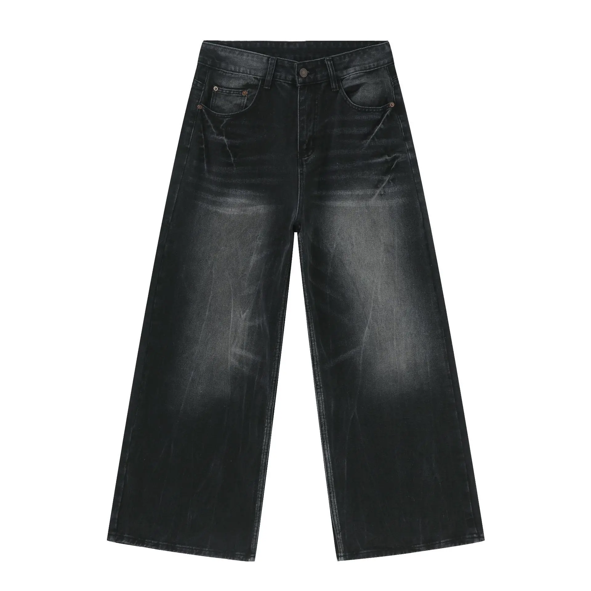 2025 Quality Black Stone Wash Jeans Men Loose Fit Stacked Jeans Baggy Drak Grey Washed Black Jeans