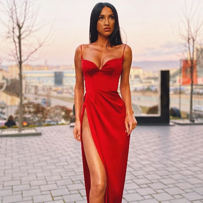 

2020 Hot Sale Fashion Elegant Stain Red Black Spaghetti Strips V-neck Long Dress Sexy Party Nightclub High Slit Skin Dress Women, Black/red