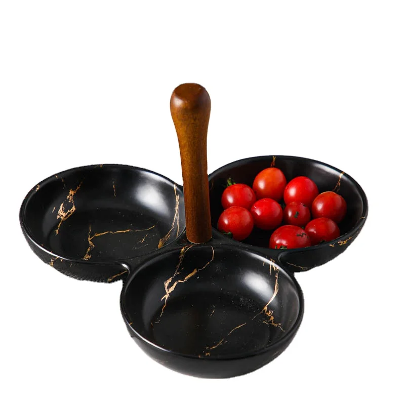 

Wholesale cheap 3 compartment wedding hotel used black appetizer tapas porcelain marble divided serving dish for snack