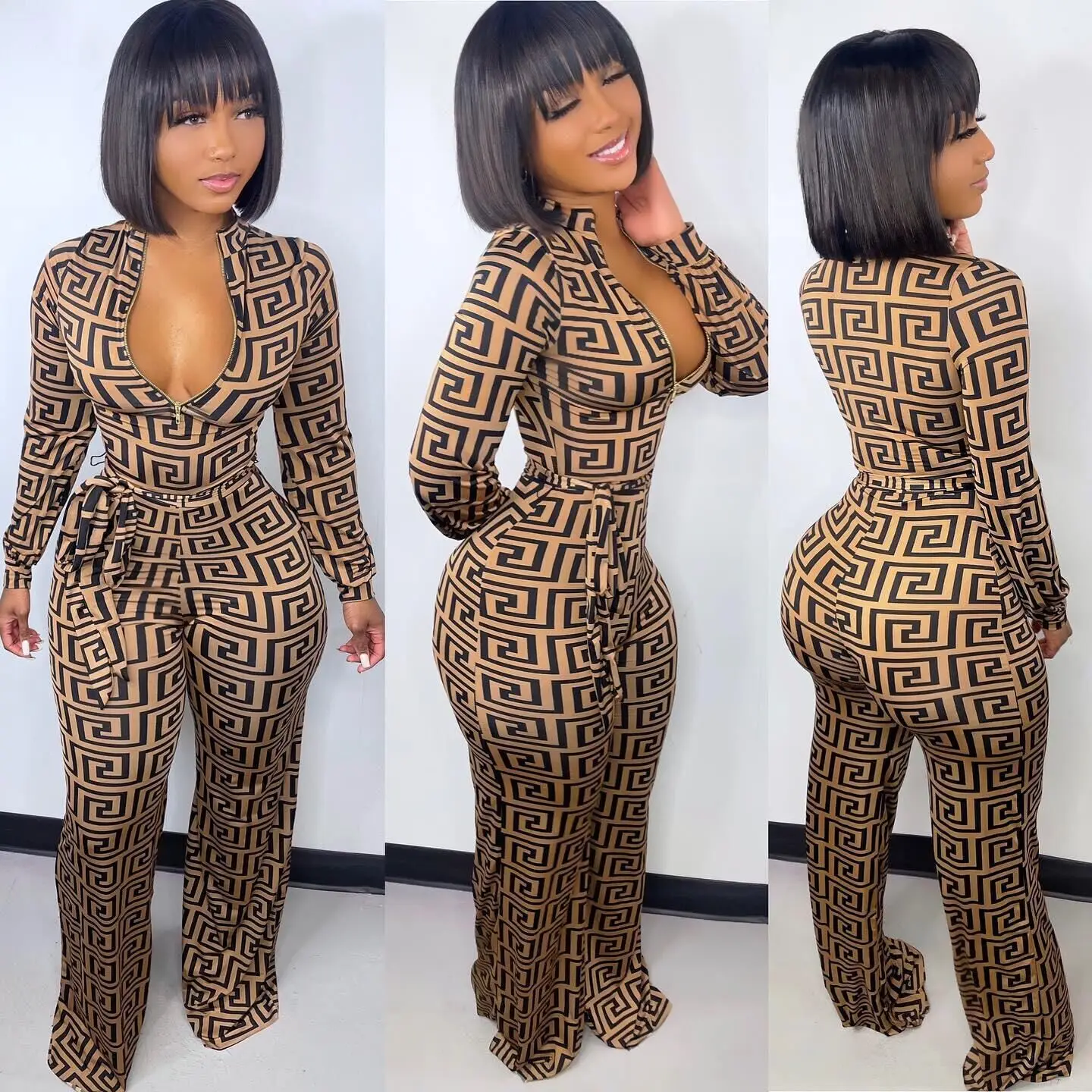 

Ladies Long Pant Latest Jumpsuit Design 2022 With Belt Spring Custom Print Long Sleeve One Piece Women Designer Jumpsuit, Khaki newest design long sleeves jumpsuit