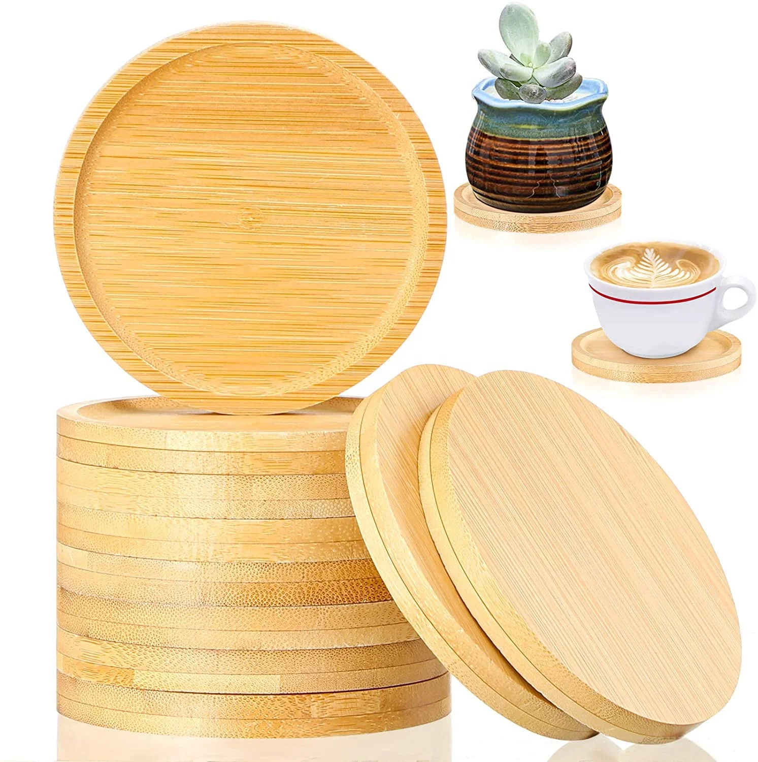 

3.74 Inch Round Bamboo Coaster Drink Small Bamboo Saucers Plant Trays For Tabletop Protection Decoration