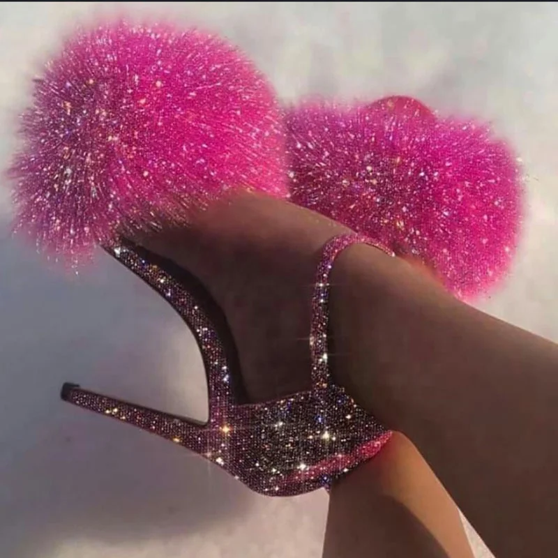 

Shiny Fur Sandals Women High Heels Pumps Ankle Straps Furry Stiletto Shoes, Pink