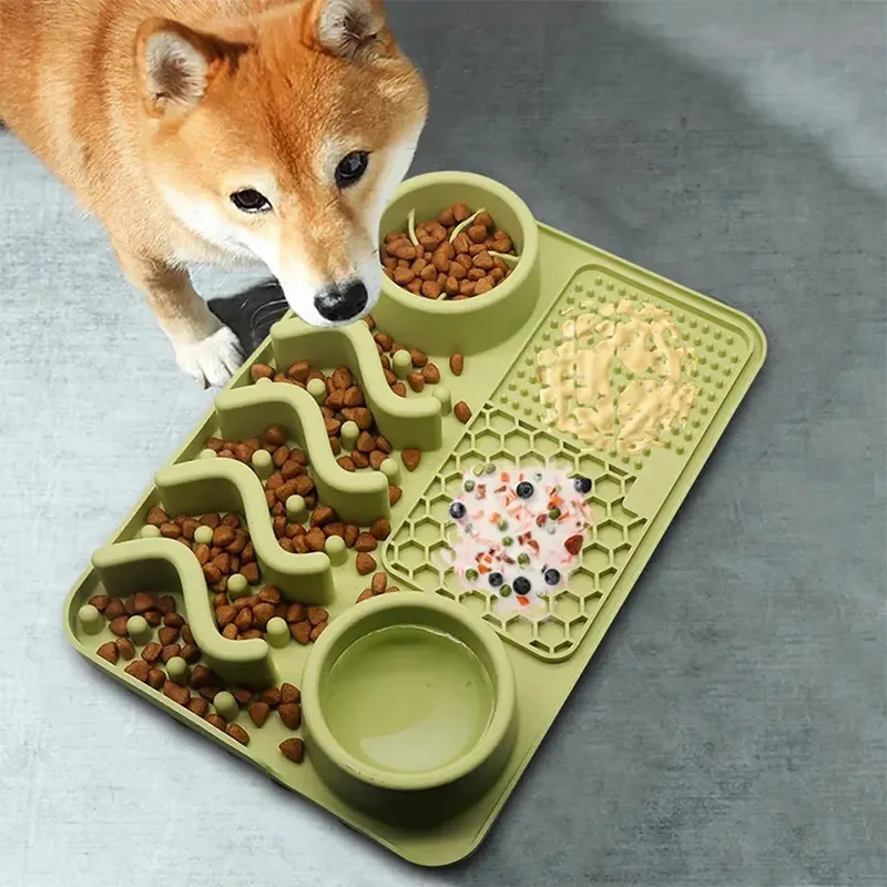 

2023 New 4 in 1 Lick Food Mat Nonslip Pet Food Mat Washable Silicone Slow Feeding Pet Bowl Cat Dog Lick Mat with Suction Cups