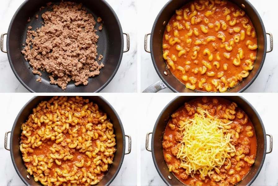 Step-by-step preparation of easy chili mac in single pot with ground beef, elbow macaroni, canned chili, and cheddar cheese