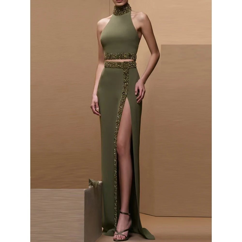 Beaded Tank Top & High Split Bodycon Skirt Two Piece Set