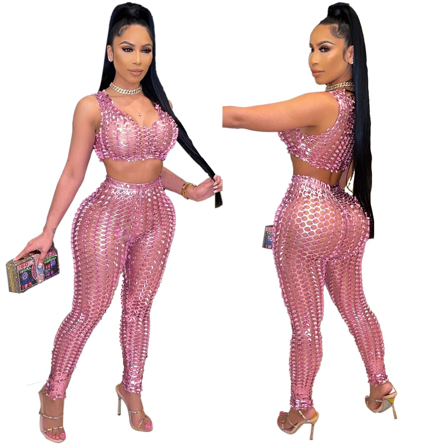 

Wholesale summer new fashion hot stamping burnt flowers hollow stretch two-piece suit women