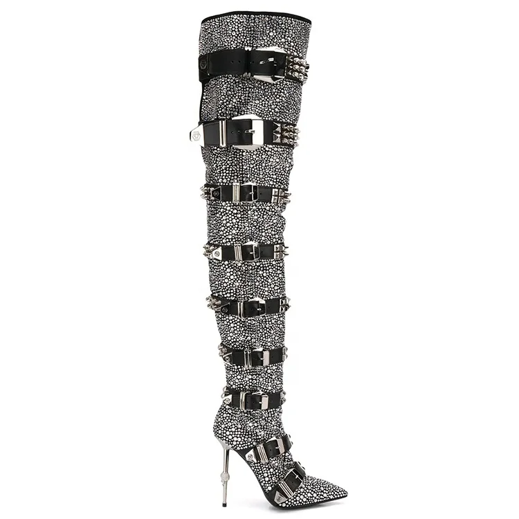 

JB037 Luxury Pointed Metal Heel Over-the-knee Boots Sexy Rivet Crystal Belt Buckle Knee High Boots, Black