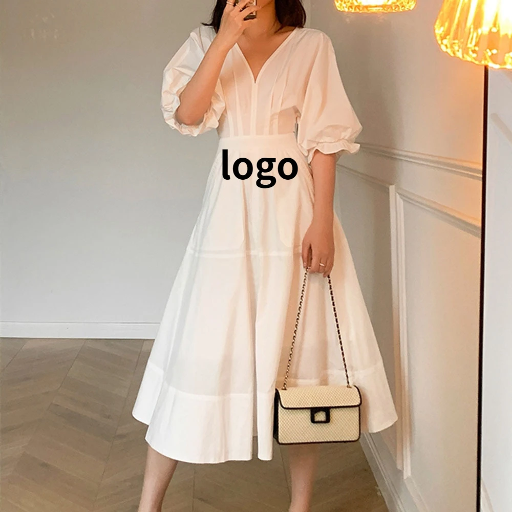 

Korean style puff sleeve A-line skirt female 2021 summer new V-neck slim shirt casual dresses women