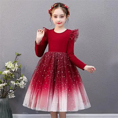 

Dance Skirt Red Kids Apparel Long Sleeve Princess Wholesale Girl Dresses Child Lace Dress Designs, Picture shows