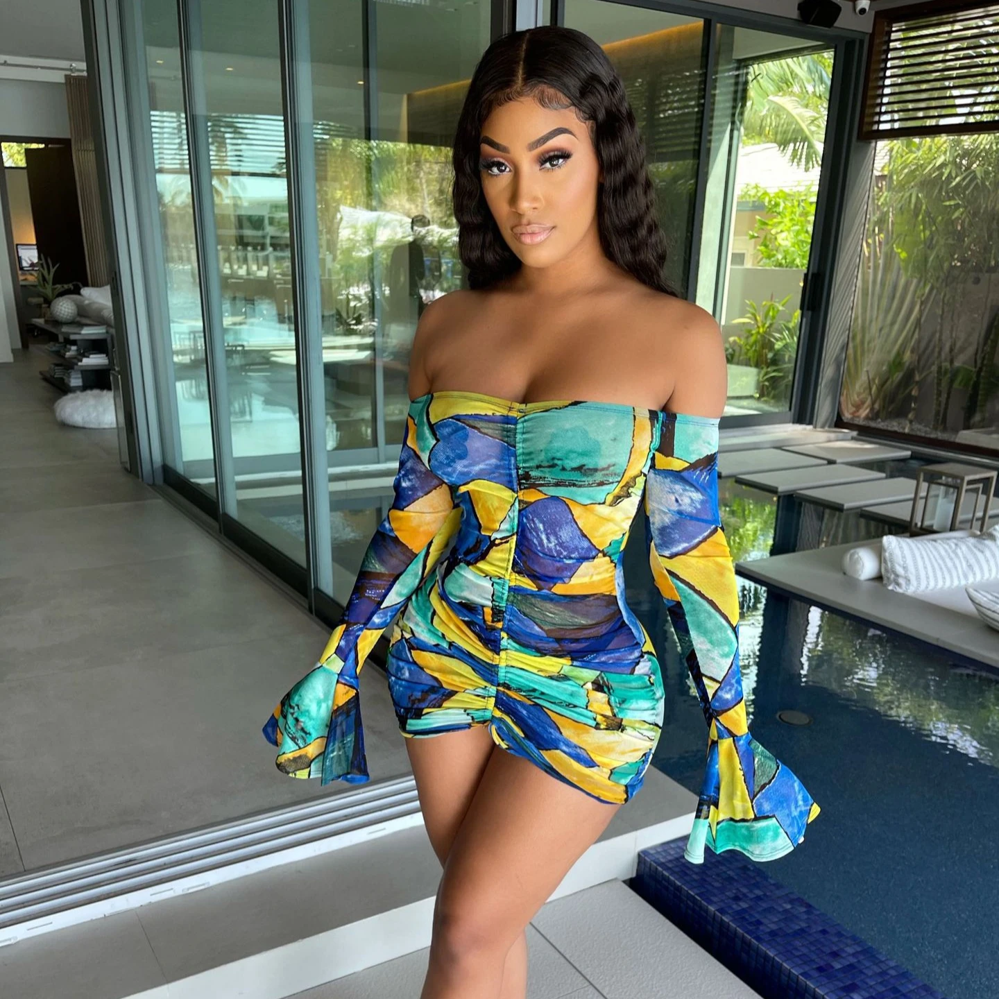 

Sexy Strapless Long-Sleeved Tight-Fitting Dresses Drawstring Pleated Sexy Cut Out Dress