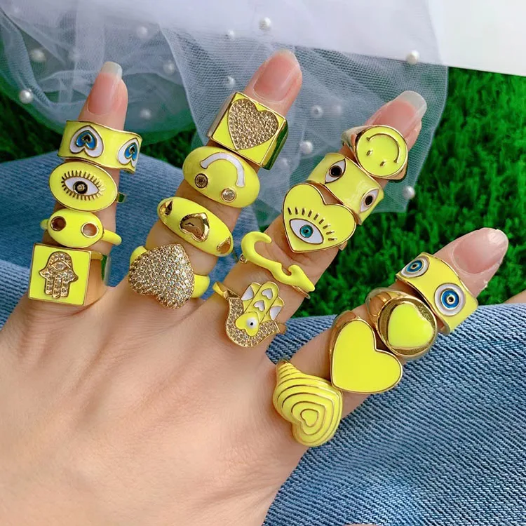 

RM1342 Chic Gold CZ diamond micro pave Yellow Colored Enamel Neon Smiley Star Evil Eyes Hamsa Hand Rings for Ladies