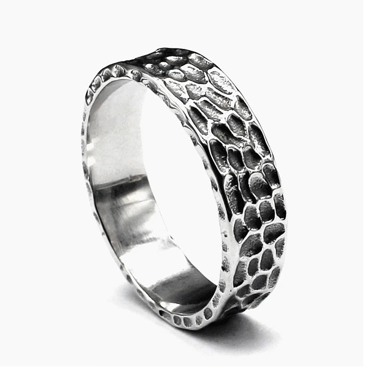 

Stainless Steel Rock Oxidized Effect Finish Hammered Texture Ring for men Jewelry