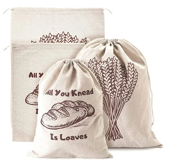 

3 Pack 100% Hand printed Natural Flax Linen Jute Bread Bag for Homemade Food Storage, Customize