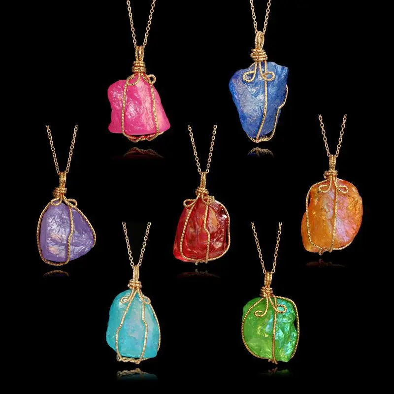 

Handmade Irregular Natural Stone Colorful Pendant Wire Wrapped Necklace