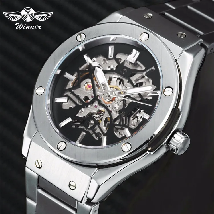 

Winner 478 Official Military Automatic Men Skeleton Mechanical Watches Top Brand Luxury Steel Strap Hip Hop Sports Watch