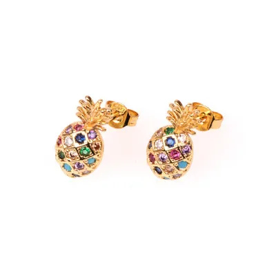 

2021 New Gold Plated Multi Color Rhinestone Pineapple Shape Stud Earrings Trending Jewelry Fruit Earrings For Ladies