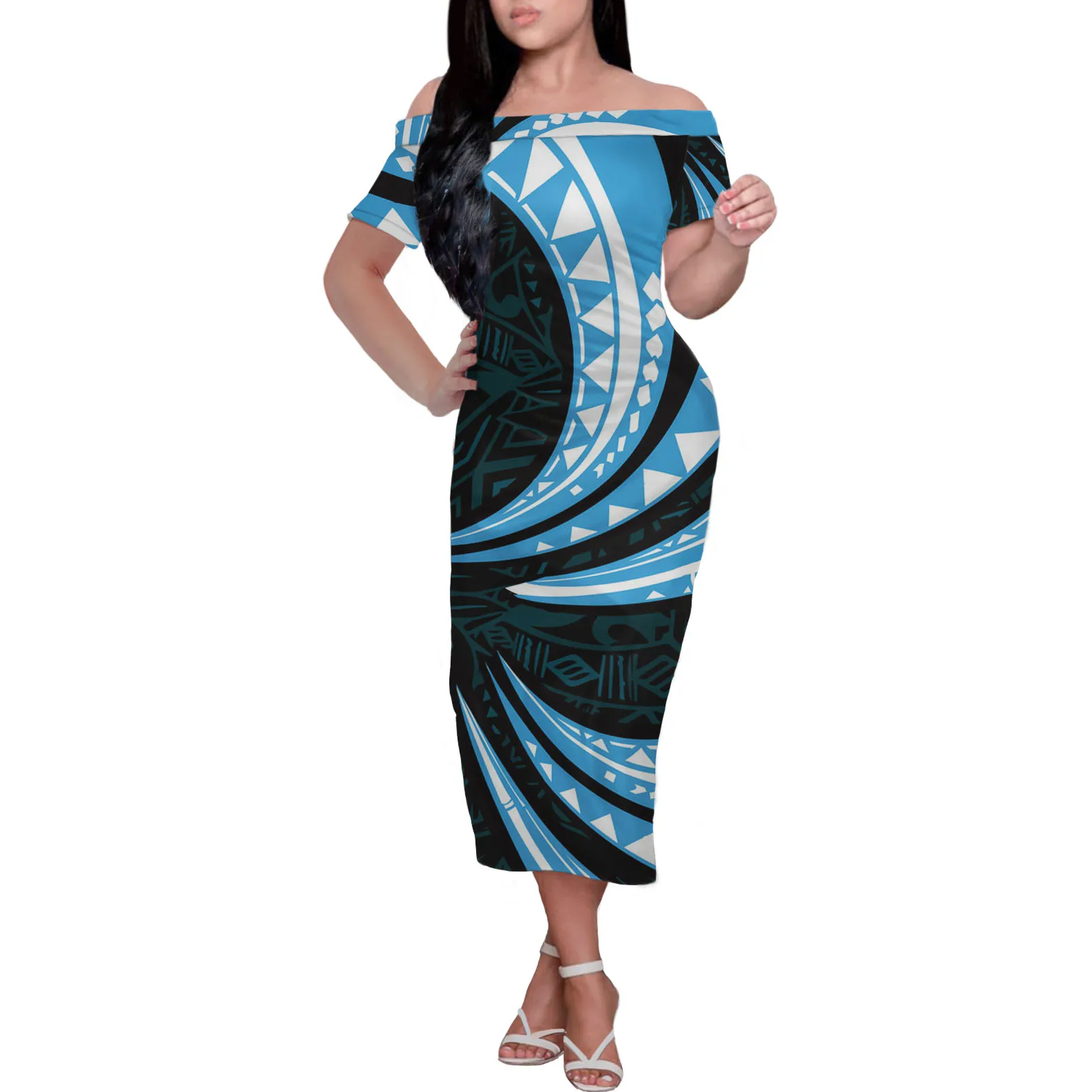 

2021 factory custom Polynesian word skirt round neck short-sleeved long skirt dress bag hip women's skirt to map custom cross-bo