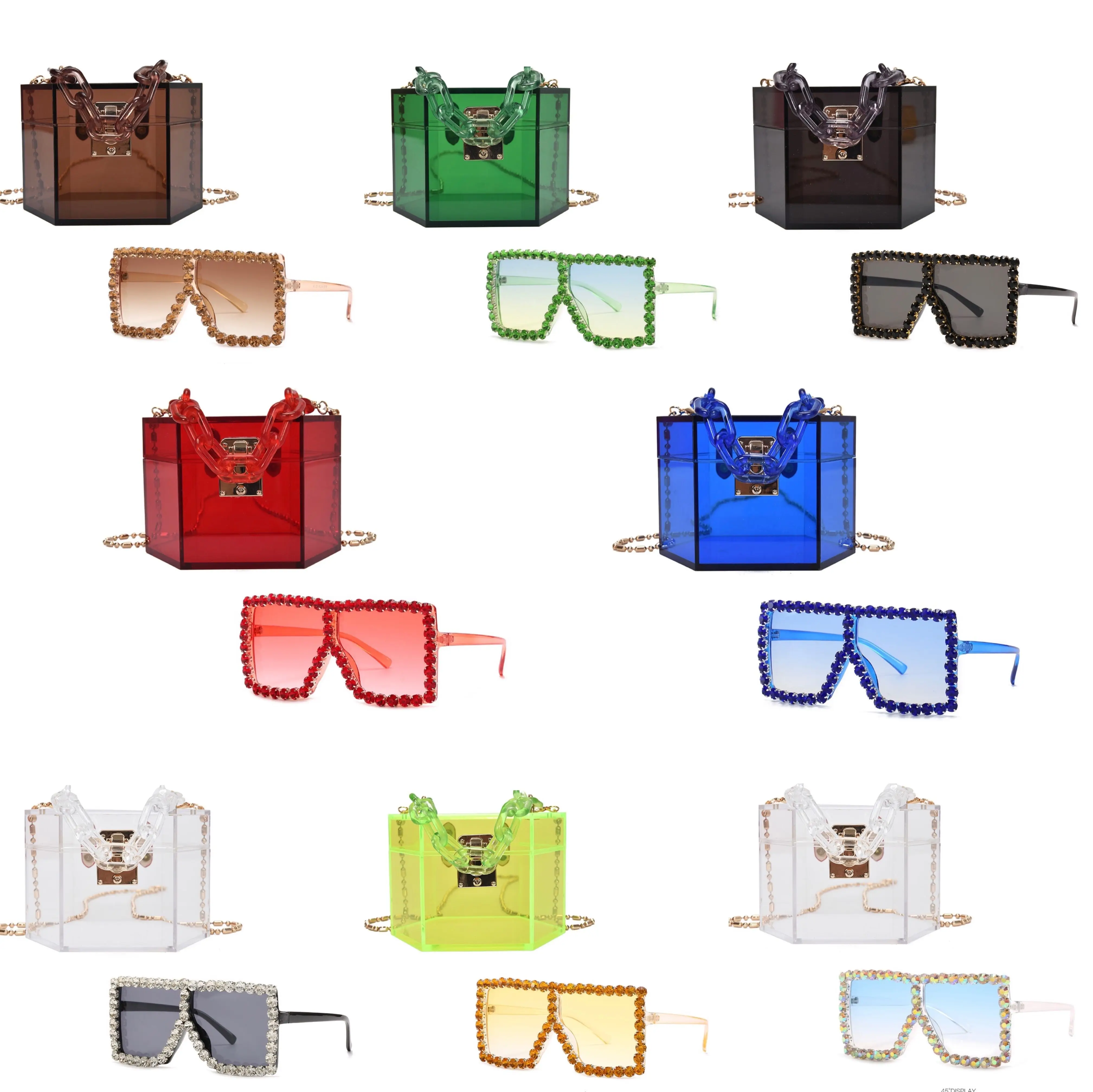 

2022 Fashion Women Diamond Sun Glasses PVC Clutch Clear Acrylic Women Hand Bags Ladies Purses and Sunglasses Set, Customized color
