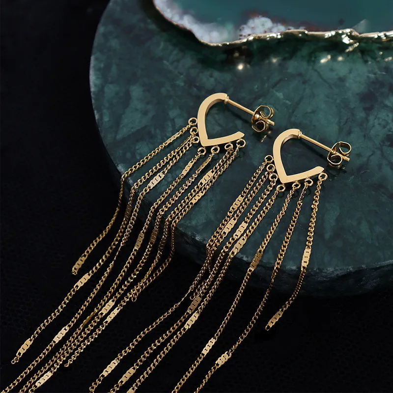 

Poya 18K Gold Plated Silver Stainless Steel Hoop Statement Long Chain Tassel Dangle Drop Earrings For Women