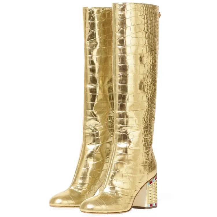 

Tiktok Gold Crocodile Pattern Women High Tube Boots Large Size Rhinestone Long Boots Female High Heel Party Knight Boots