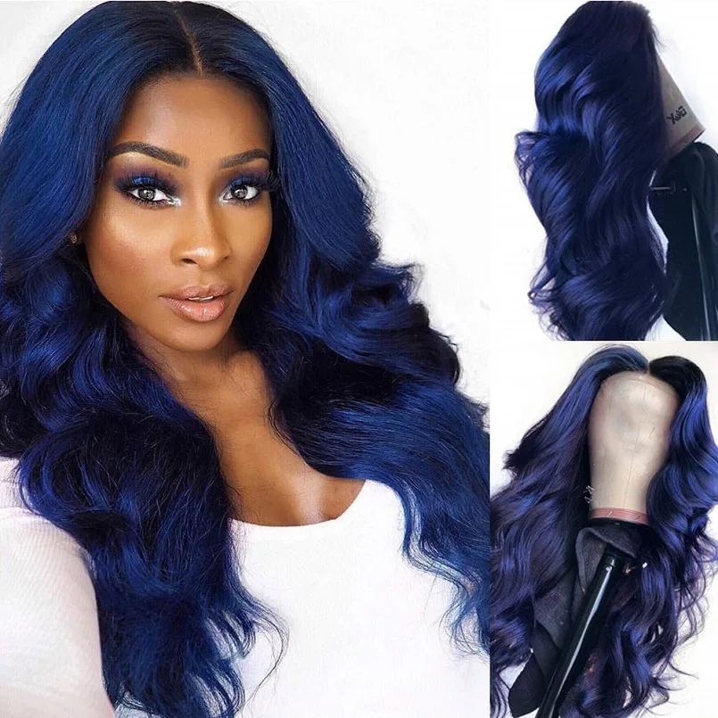 

Dropshipping New Fashion Long Curly Hair Head Cover Middle Bangs Hair Wigs black Blue Big Curve Hairpiece For Woman