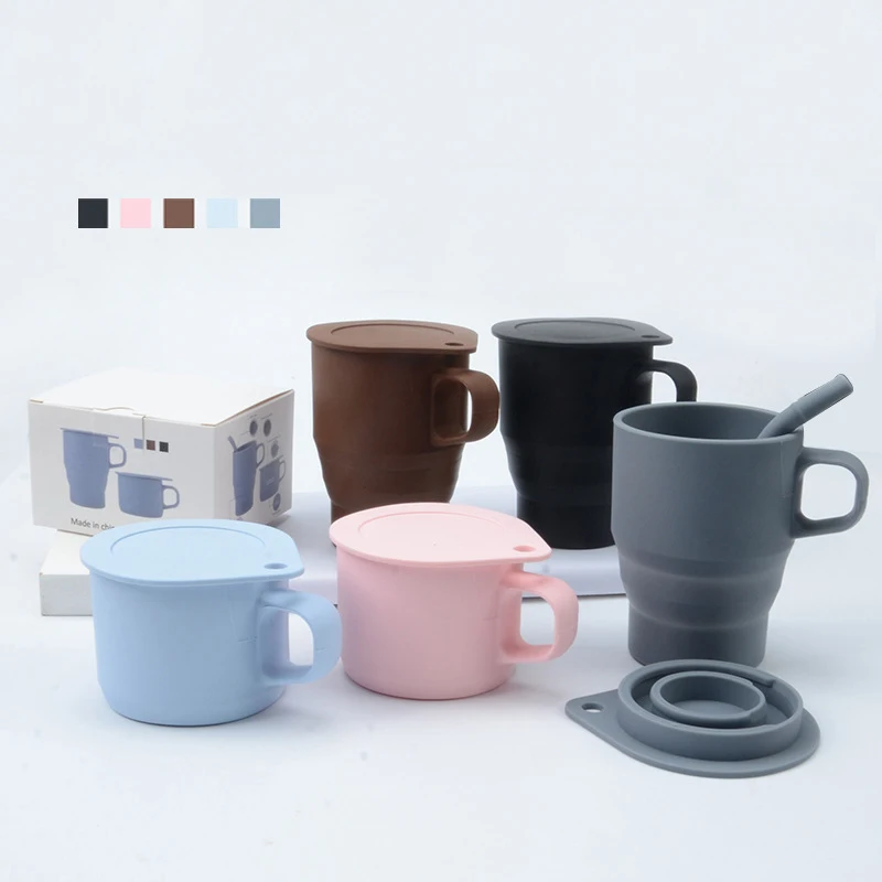 

New sports reusable silicone tea non spill car coffee cup outdoor travel mug with handle private label caffe cups, Black, brown, grey