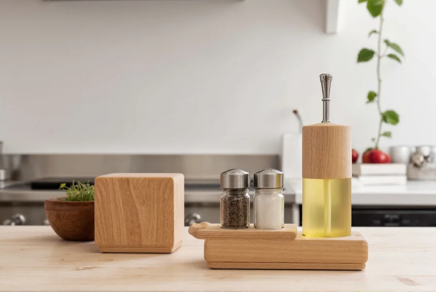 Wooden salt and pepper shaker holder on kitchen counter with matching olive oil dispenser