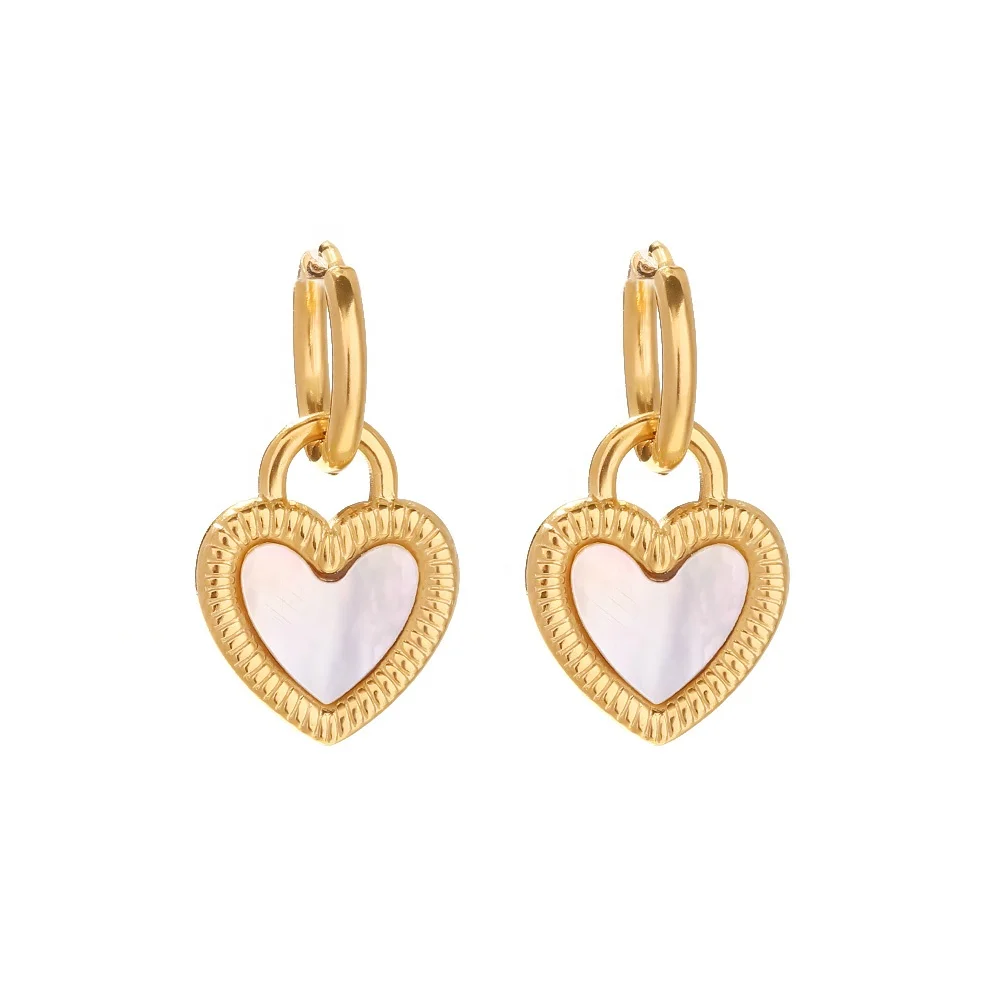 18k Gold Plated Stainless Steel White Natural Shell Heart Shape Lock Design Pendant Earrings