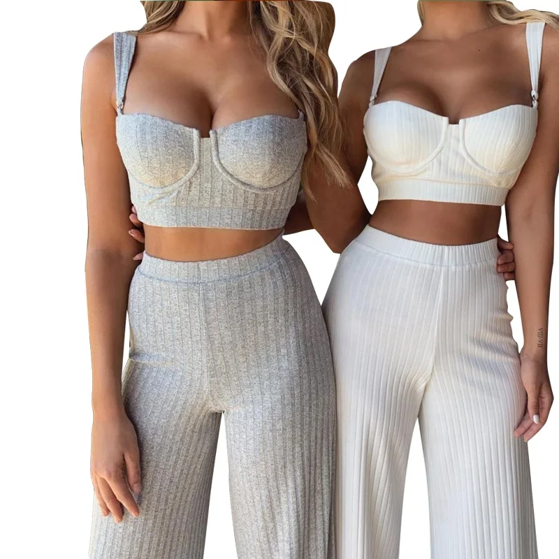 

White Gray 2020 Women's Ribbed Loungewear 2 Piece Set