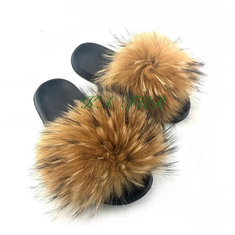 

2020 women PVC sole sandals mixed-color soft fluffy fox fur slides for sale