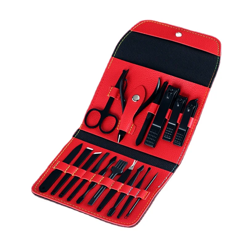 

16 in 1 Stainless Steel Manicure Set 16pcs Private Label Black Red Nail Clipper Pedicure Set With PU Case nail care tool kit