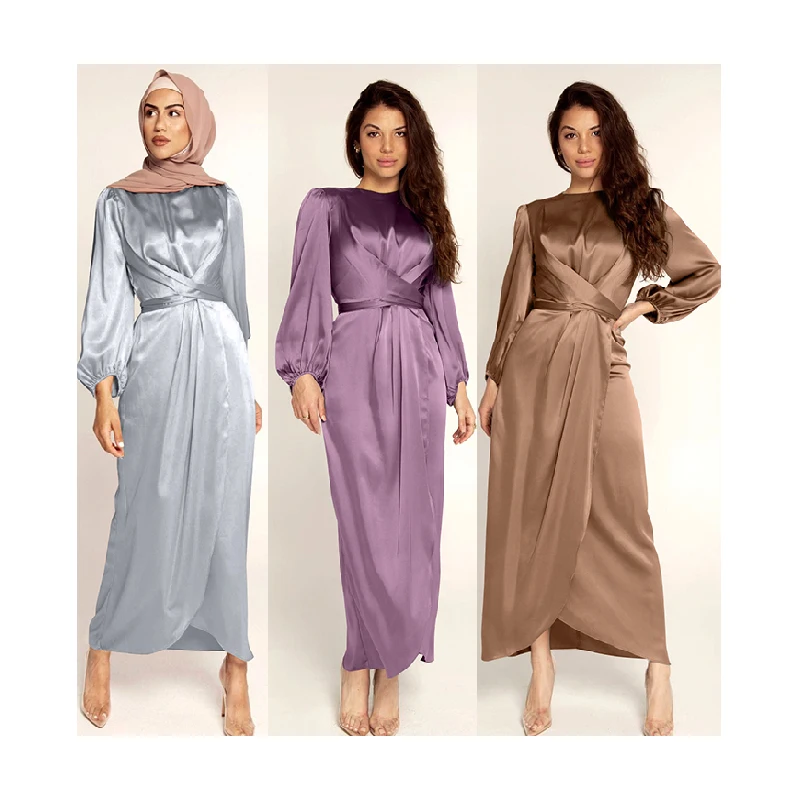 

Free shipping Autumn maxi dresses women wholesale satin abaya muslim dress