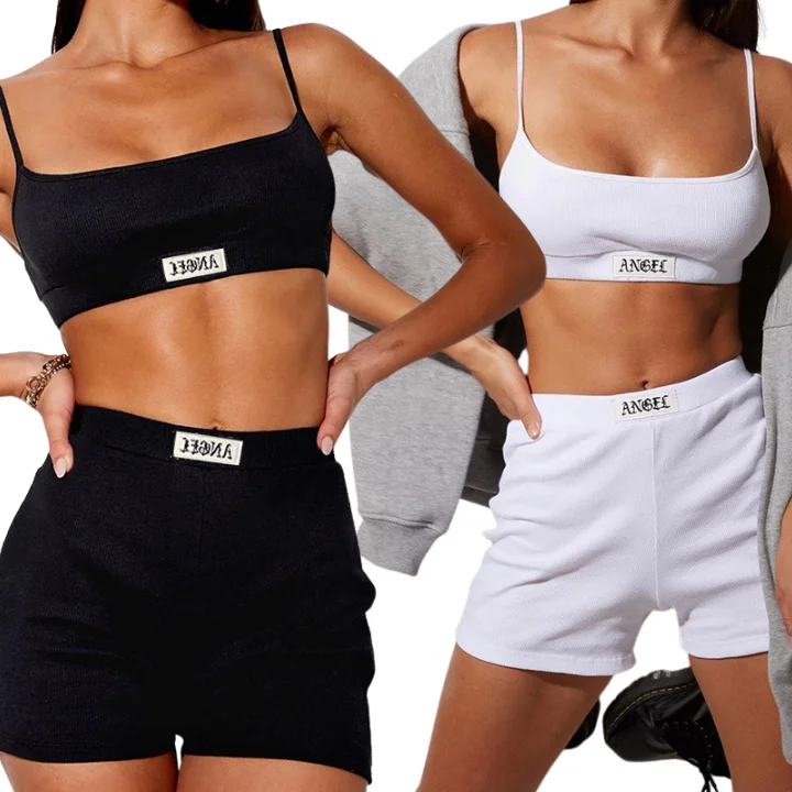 

Hot Sale Label Casual Yet Sexy Street Sportswear Straps Sling 2 Piece Set Women Shorts Sets