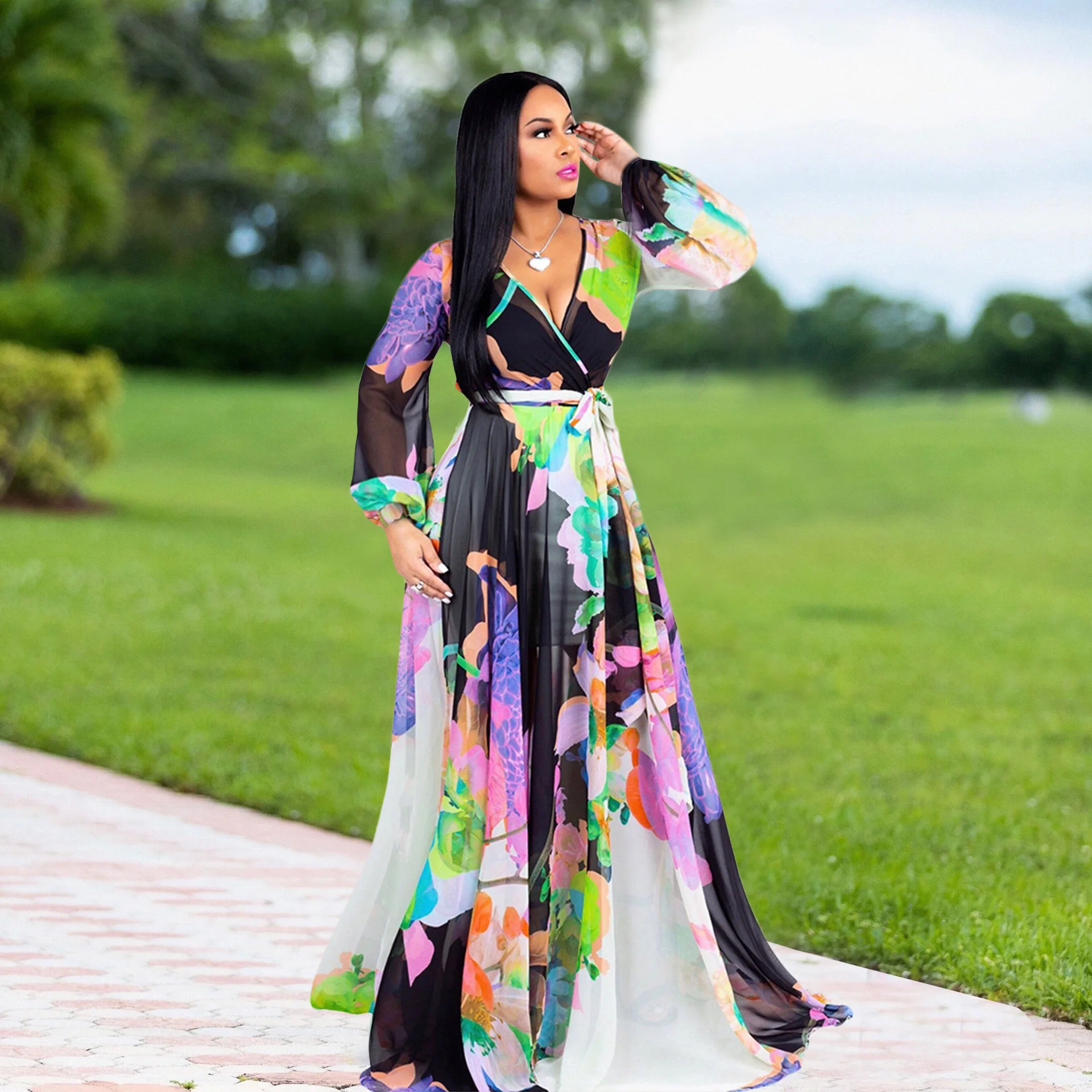 

2021 Fashion Casual Printing Sling Loose Colorful Long Dress Plus Size Party Women Clothing Prom Ladies Print Apparel