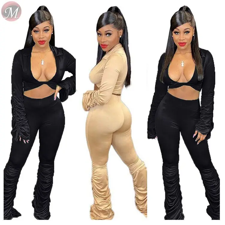 9112025 lowest price pure color crop top heap sleeve heap trouser women fashion two piece sets